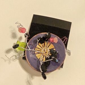 Artisan Purple and Yellow Enamel Floral Wire Brooch with Black and Pink Accents